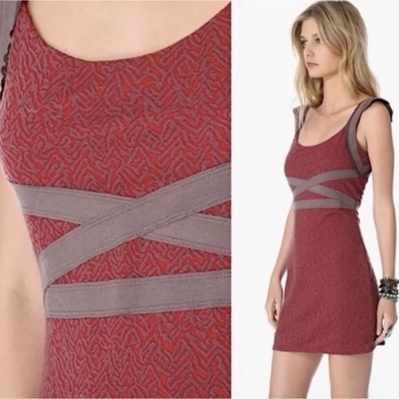 Free People Cross My Heart Bodycon Cut Out Red Brown Knit Dress Large Boho Indie - Picture 2 of 12